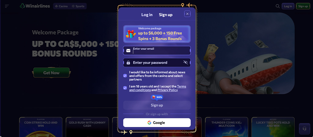 Registration at Winairlines Casino, Canadian casino