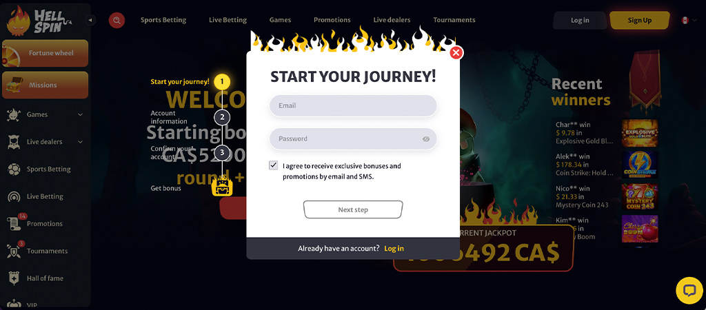 Registration at Hellspin Casino, mobile casino