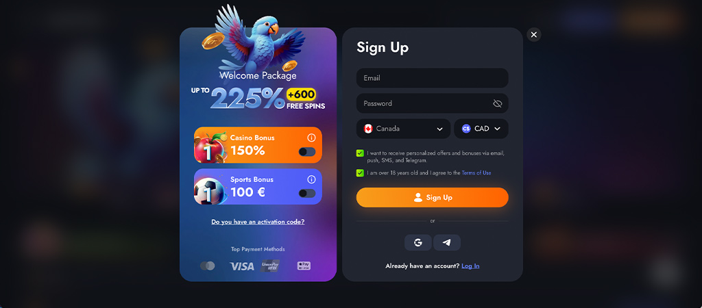 Registration Process at Martin Casino, log in