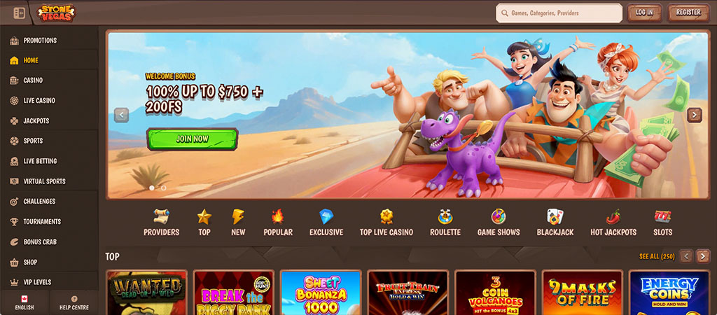 Stonevegas casino, welcome bonus, free spins, cartoon style, Flintstones theme, online casino, slots, fun, desert, promotions