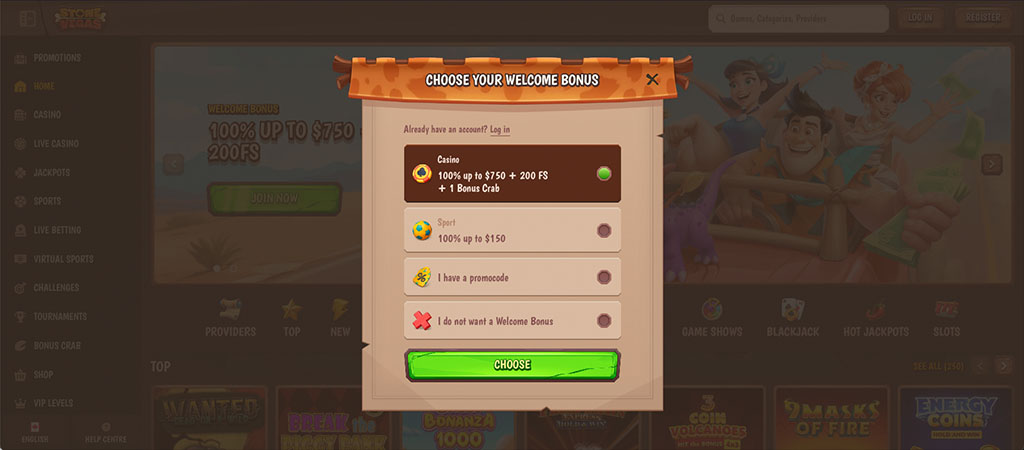 welcome bonus, registration, bonus options, free spins, bonus crab, promo code, casino or sport, signup screen, online gaming