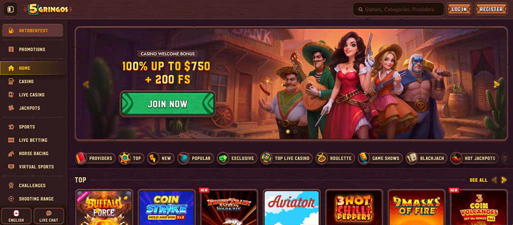 online casino, 5Gringos logo, welcome bonus, free spins, gringo characters, navigation menu, featured slot games, join now