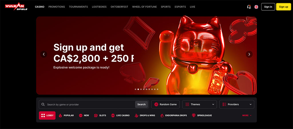 Vulkan Spiele Casino homepage, waving Maneki-neko cat, welcome bonus, CA$2800, game search bar, navigation menu