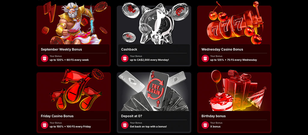 Vulkan Spiele Casino promotions, bonus offers, weekly bonus, cashback, Friday bonus, birthday bonus, Zeus, slot machines