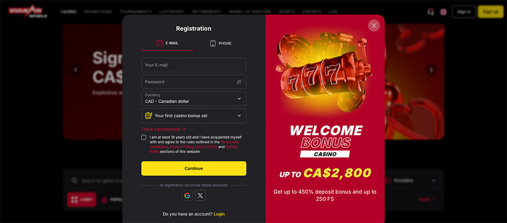 casino registration, email and password fields, CAD currency, welcome bonus up to CA$2,800, red slot machine, lucky sevens