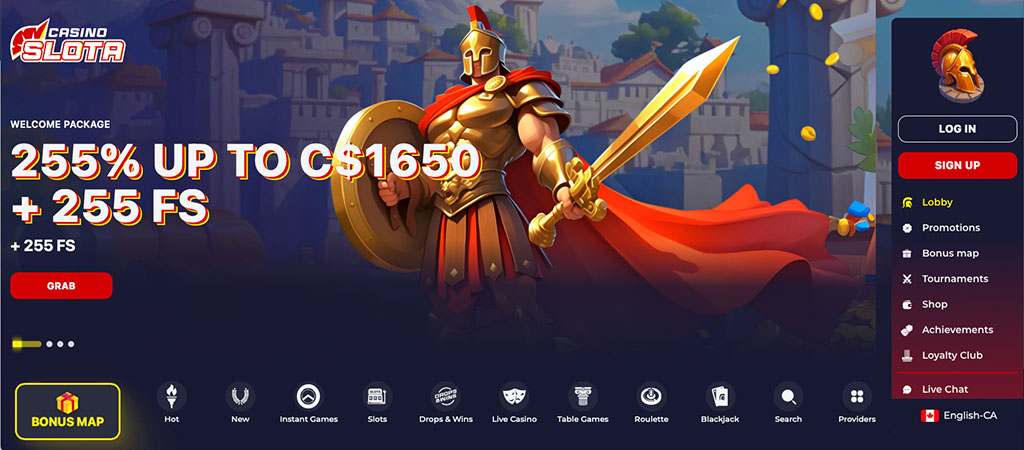 Slota casino homepage, Roman warrior, bonus offer, 255% welcome bonus, free spins, game icons, registration and login