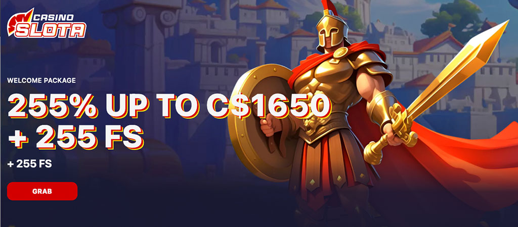 online casino welcome bonus banner, Roman warrior with sword and shield, 255% up to C$1650, 255 free spins, red grab button