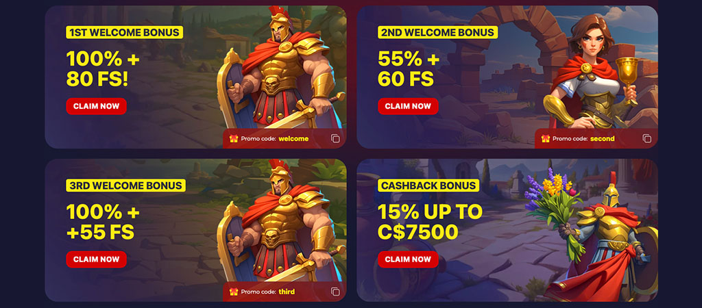 online casino bonus offers, Roman warrior and woman characters, welcome bonuses with free spins, cashback, claim now buttons