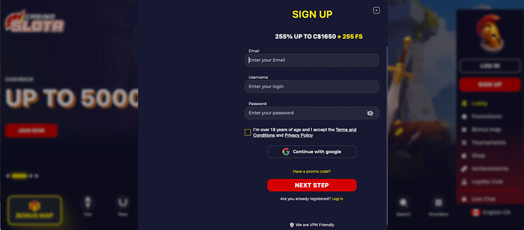Slota casino registration page, sign up form with email, username, password fields, 255% bonus, free spins, next step button