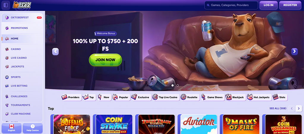 Online casino homepage, SpinBara logo, welcome bonus offer, bear on sofa, navigation menu, featured games, join now