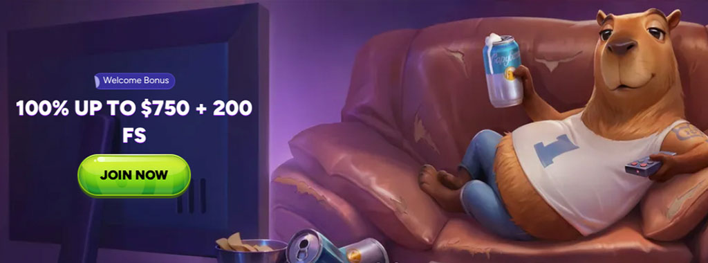 casino welcome bonus, animated bear on sofa with soda can and remote, TV screen, Join Now button, offer 100%, free spins