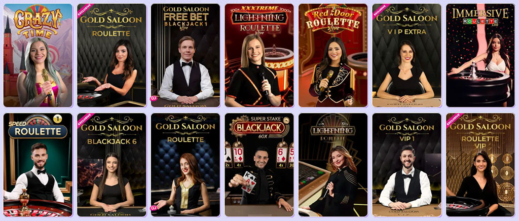 live casino games, Crazy Time, Gold Saloon Roulette, Blackjack, Lightning Roulette, Red Door Roulette, Immersive Roulette