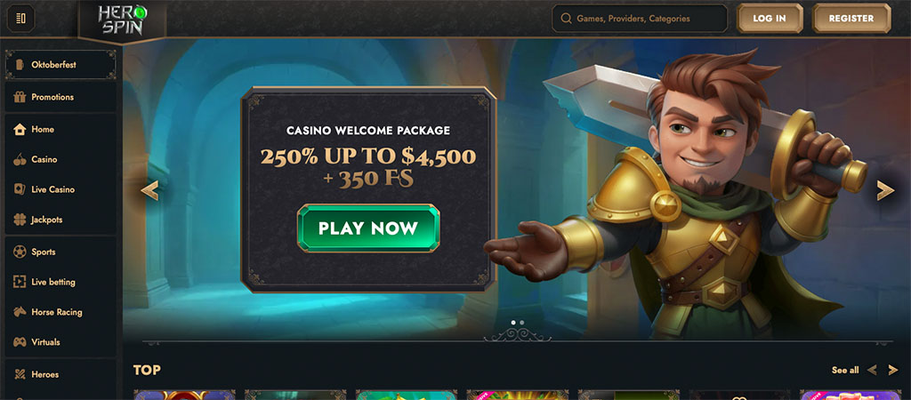 Herospin Casino homepage, hero character with sword, welcome bonus offer, play now button, casino menu, registration options