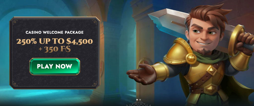 Herospin welcome bonus, smiling hero character with sword, 250% bonus up to $4500 and 350 free spins, play now button
