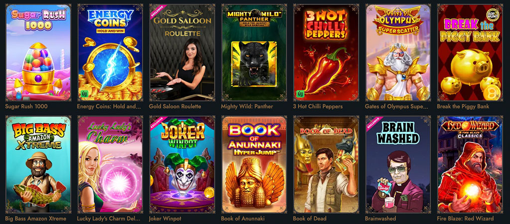 online slot games selection, game covers, popular title, Sugar Rush, Gates of Olympus, Book of Dead, diverse casino games