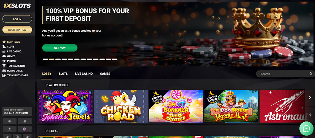 1xSlots Casino, VIP bonus for first deposit, crown and poker chips, slot games, Joker’s Jewels, Chicken Road, Sweet Bonanza