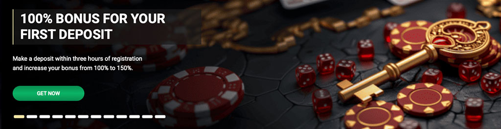 1xSlots Casino, welcome bonus banner, bonus for first deposit, golden key, poker chips and dice, promotion