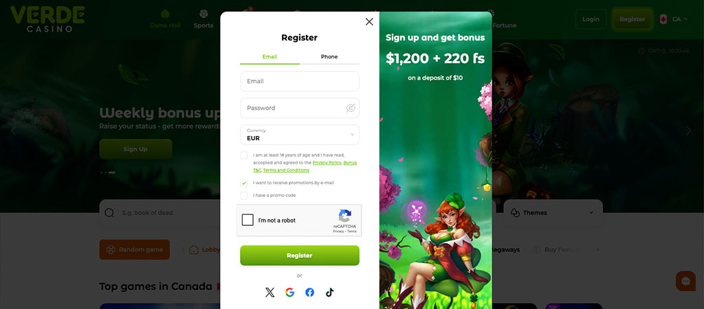 Verde Casino registration, signup form, email and password fields, welcome bonus offer, fantasy elf, online casino signup