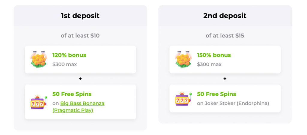 Verde Casino bonus offer, first and second deposit details, free spins, Big Bass Bonanza, Joker Stoker, online promotion