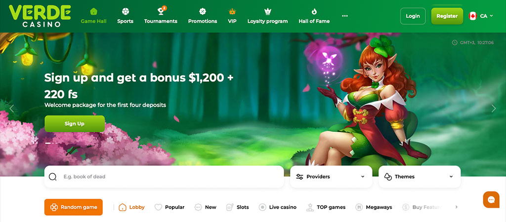 Verde Casino, welcome bonus banner, fantasy elf, green forest, online gambling, signup promotion, casino interface