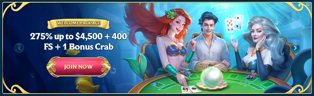 welcome bonus, AquaWin casino, mermaids, poker table, underwater theme, 275% bonus offer, join now button, gambling promotion