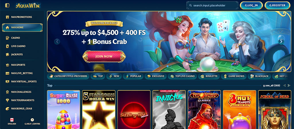 AquaWin Casino homepage, welcome bonus banner, mermaid, live casino, slots, roulette, blackjack, jackpots, online gambling
