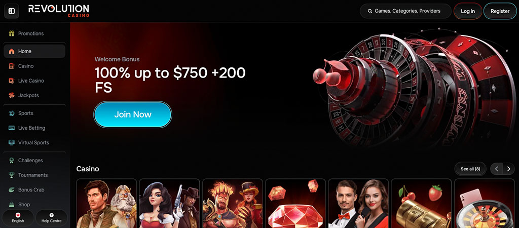 Revolution Casino, welcome bonus 100% up to $750 and 200 free spins, rotating roulette wheel