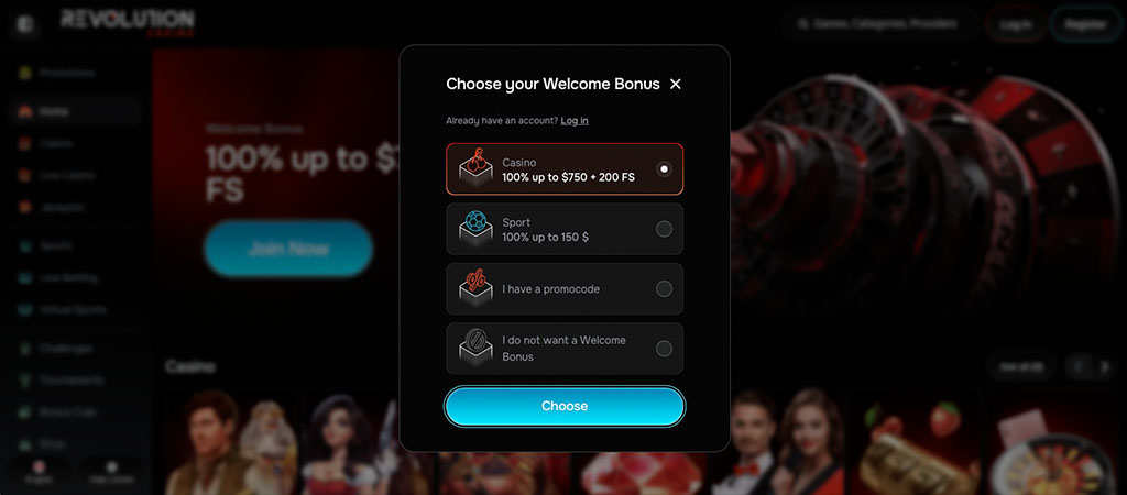 Revolution Casino registration screen, choose your welcome bonus, options for casino, sport, promo code, no bonus