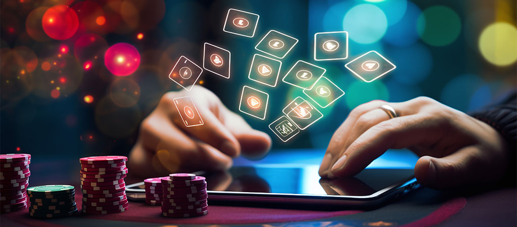  online casino, mobile gaming, tablet with casino icons, poker chips, gambling concept, digital entertainment, tablet