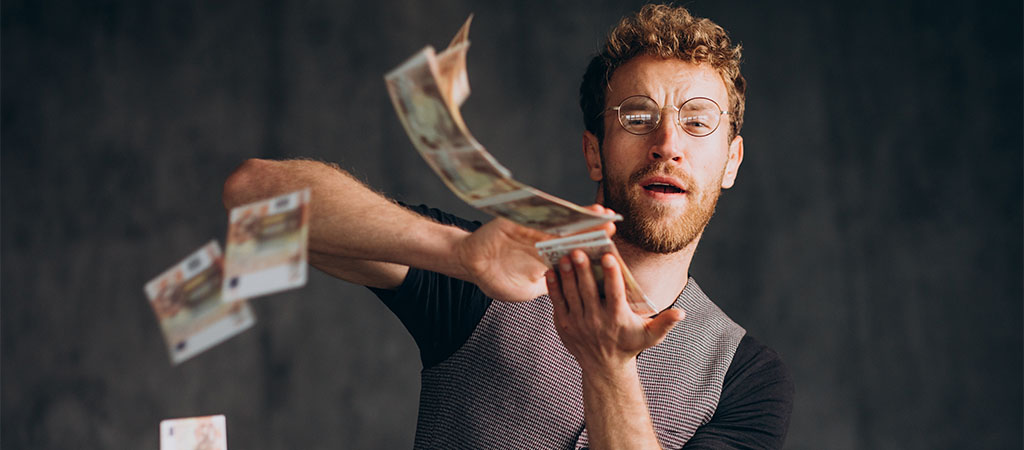 man throwing money, euro banknotes flying, happy winner, casino success, celebration, gambling victory, man with glasses