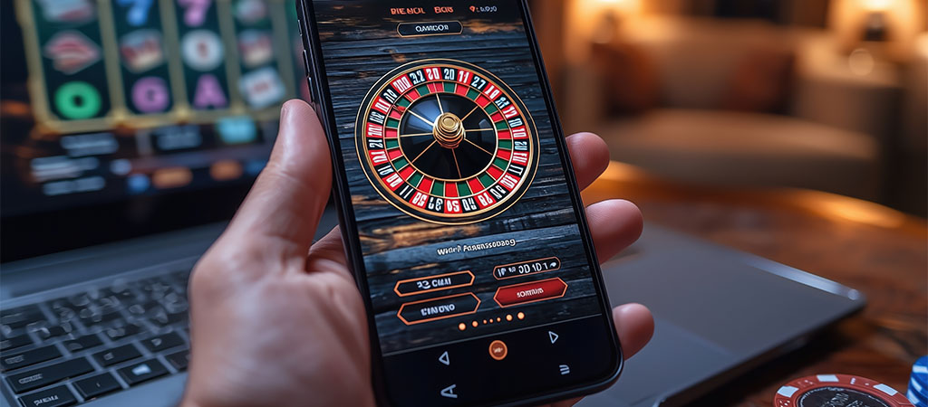 mobile roulette, smartphone casino app, online gambling, virtual roulette wheel, laptop, poker chips, digital casino