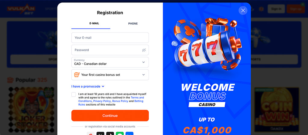 Vulkan Bet casino platform, registration, live casino