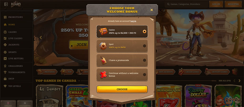 Lizaro Casino Canada, register, promotions