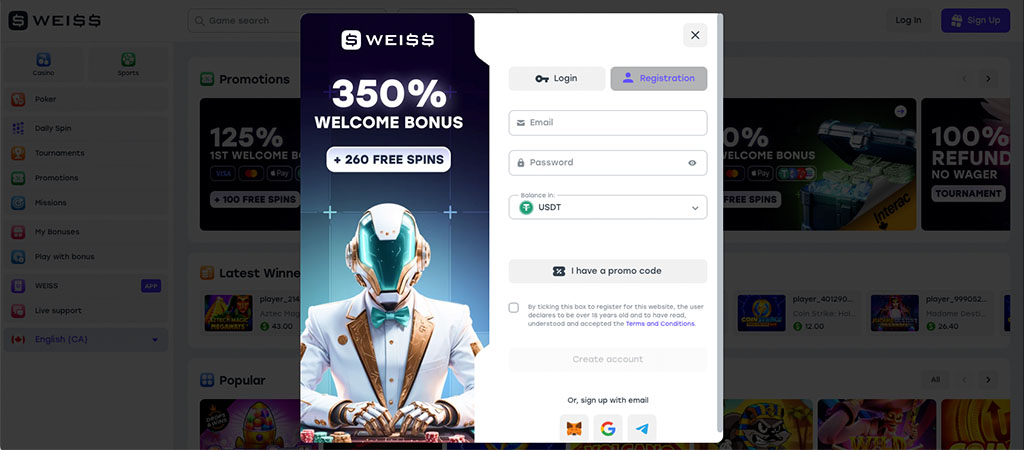 Weiss Casino, Registration, online casino Canada