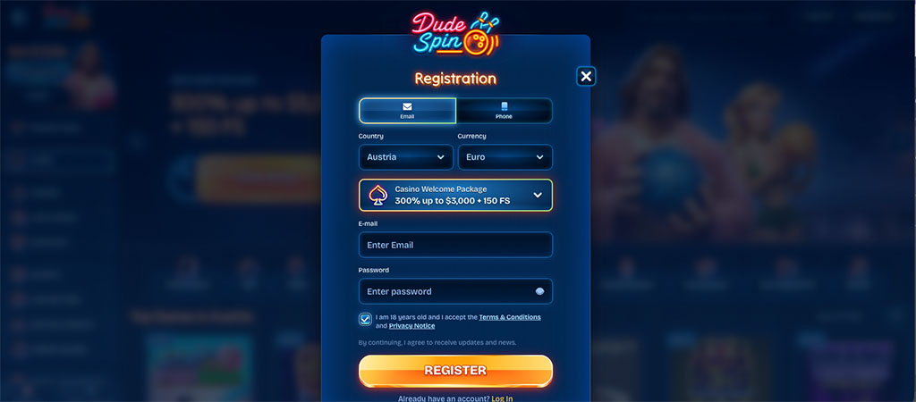 Registration, Dudespin Casino, online casino